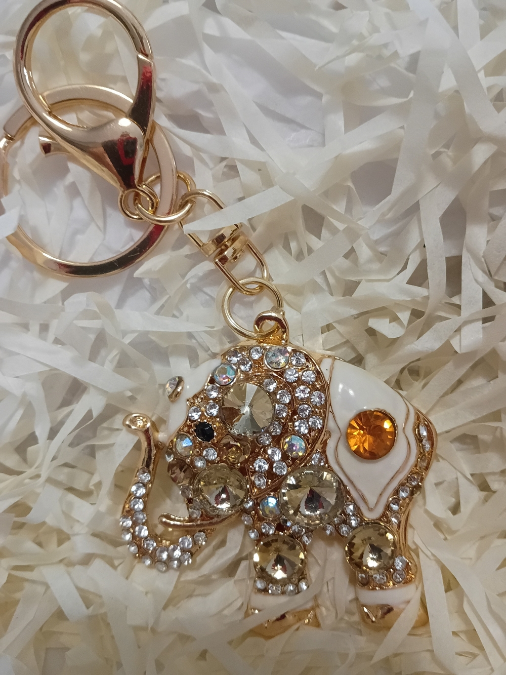 Gold and White Crystal Elephant Keychain - Women's Key & Card Holder Accessory